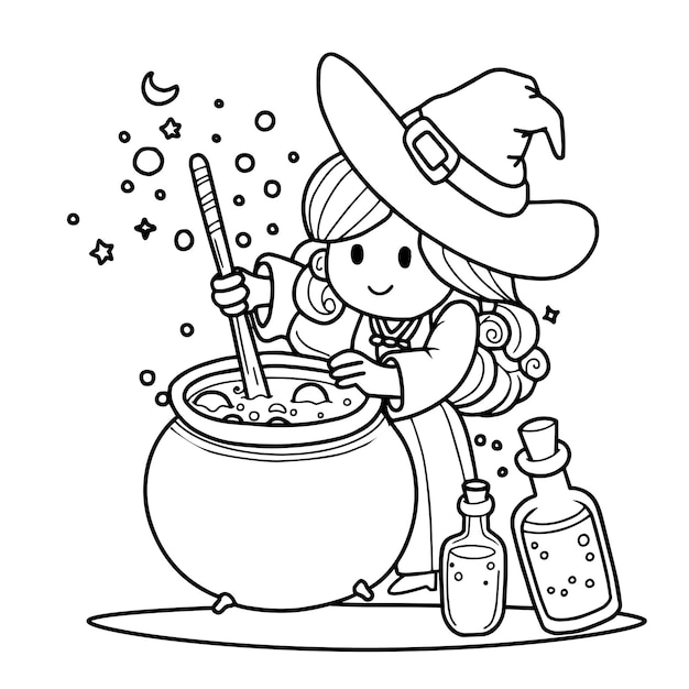 Cute cartoon girl in Halloween witch dress and brews potion in Witch cauldron outlined for coloring