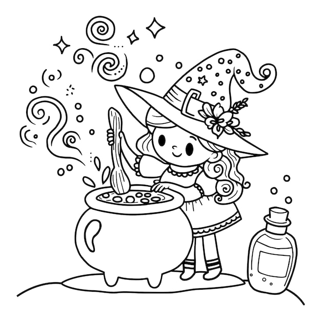 Cute cartoon girl in Halloween witch dress and brews potion in Witch cauldron outlined for coloring