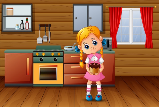 Cute cartoon a girl holding a cake in the kitchen