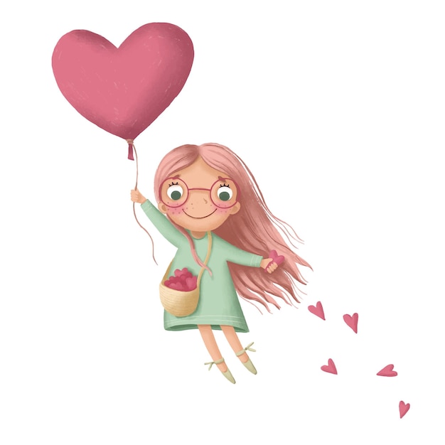 Cute cartoon girl is flying holding onto a balloon and scattering hearts