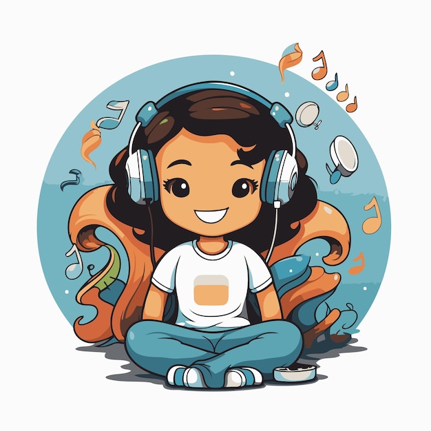 Vector cute cartoon girl listening to music with headphones vector illustration
