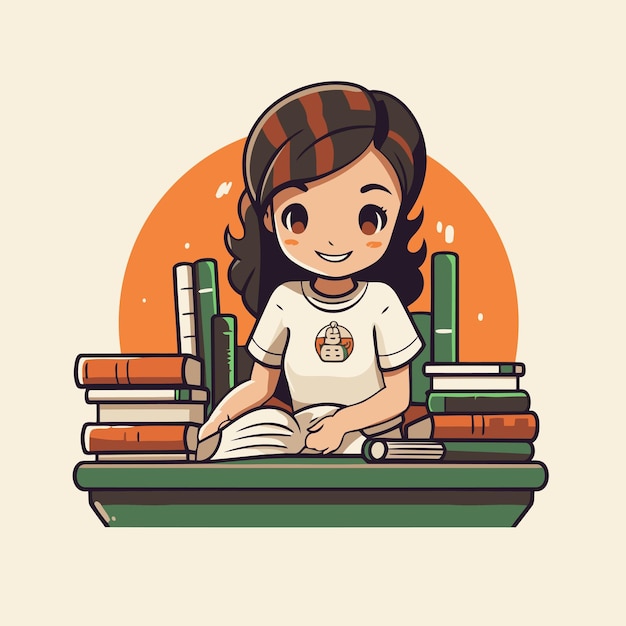 책을 읽는 귀여운 만화 소녀 교육 개념 터 일러스트레이션