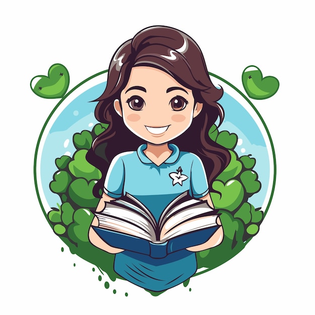 Cute cartoon girl reading a book in the park Vector illustration