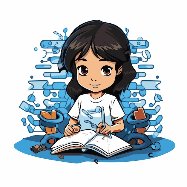 책을 읽는 귀여운 만화 소녀 책 읽는 소녀의 터 일러스트레이션