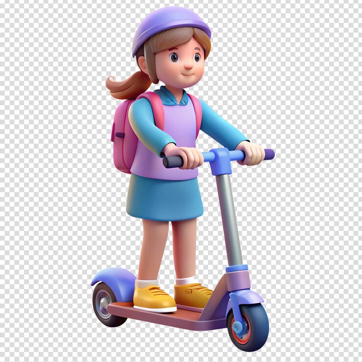 Vector cute cartoon girl riding electric scooter 3d illustration isolated transportation concept