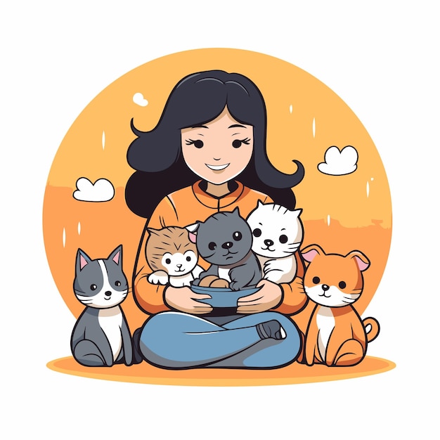 Cute cartoon girl sitting with cat and dog Vector illustration