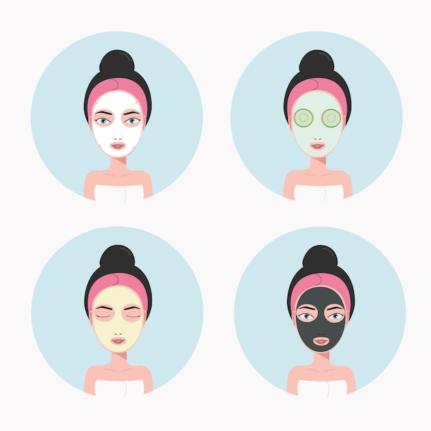 Vector cute cartoon girl taking care of her acne prone skin skincare routine vector icon set