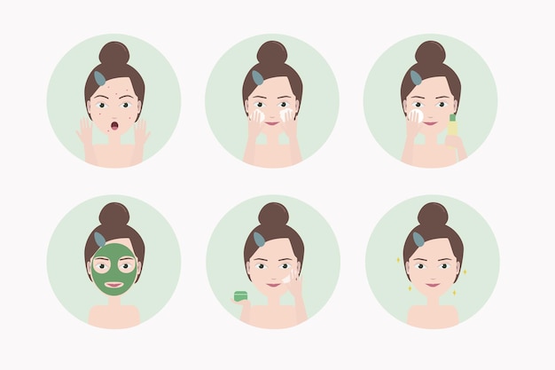 Cute cartoon girl taking care of her acne prone skin Skincare routine vector icon set
