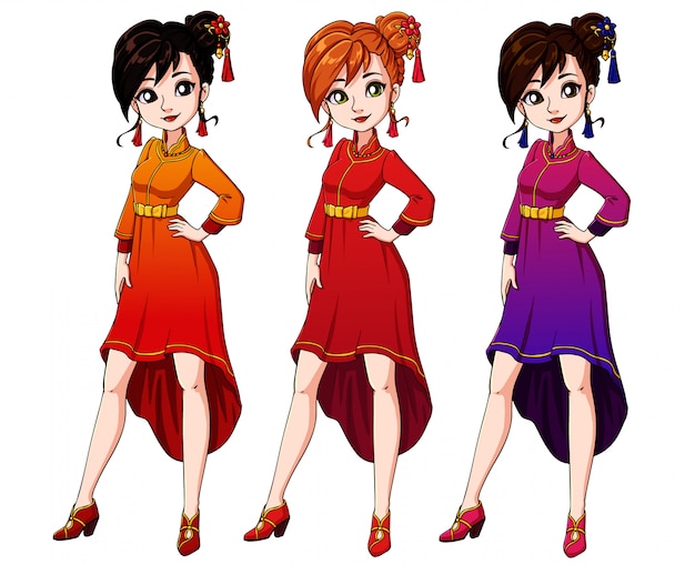 Vector cute cartoon girl wearing chinese traditional dress.