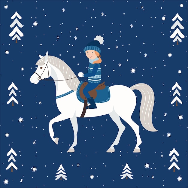 Vector cute cartoon girl on a white horse in the winter forest