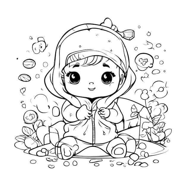 Cute cartoon girl in winter clothes Vector illustration for coloring book