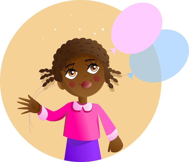 Cute cartoon girl with a balloon on a yellow background	.