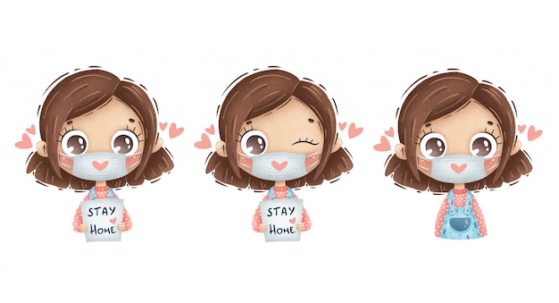 Cute cartoon girl with brown hair in a medical face mask with a heart and the words stay home on a white background