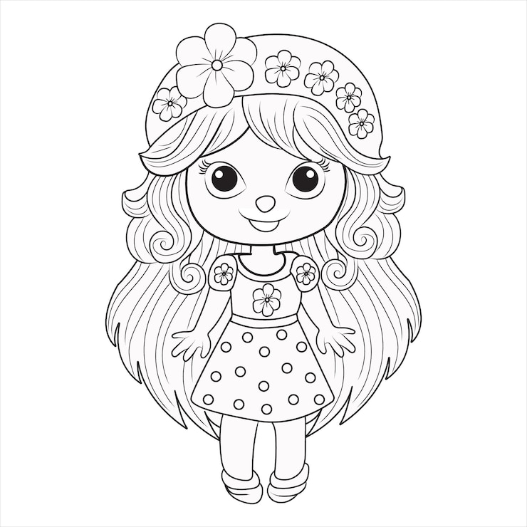Vector 花のドレスを着た可愛いアニメの女の子カラーリングのための概要