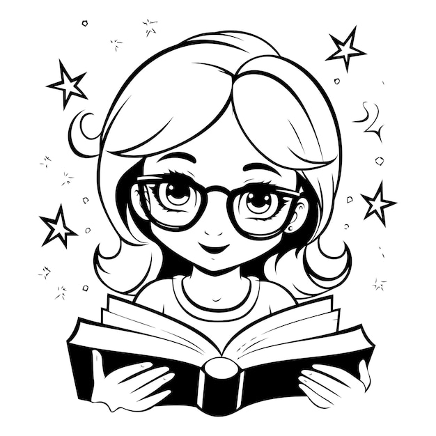 Милая девушка из мультфильмов в очках читает книгу с векторной иллюстрацией