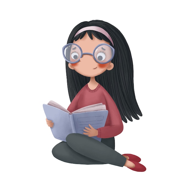 Cute cartoon girl with glasses reading a book