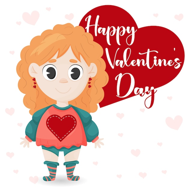 Vector cute cartoon girl with hearts on valentine's day