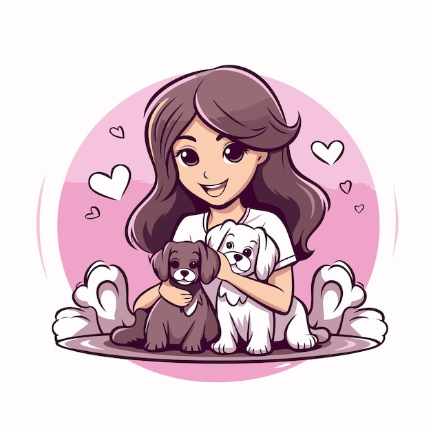 Cute cartoon girl with puppy Vector illustration for your design