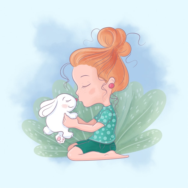 Vector cute cartoon girl with a rabbit kiss best friends. watercolor illustration