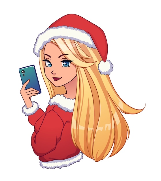 日焼けした肌と長いブロンドの髪を持つかわいい漫画の女の子は、selfieを取り、クリスマスの服を着ています