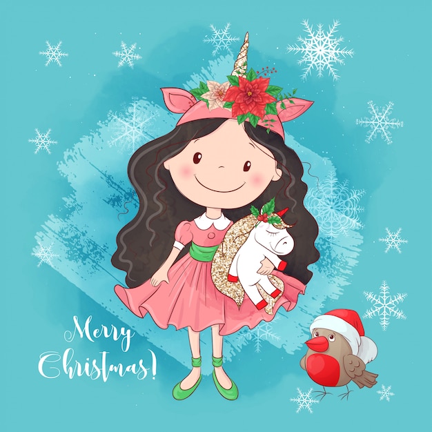 Cute cartoon girl with a unicorn. greeting card for new year and christmas.