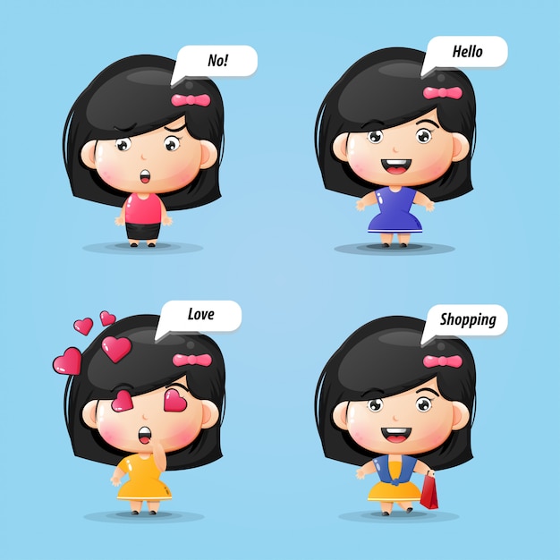 Cute cartoon girl with various expressions and poses