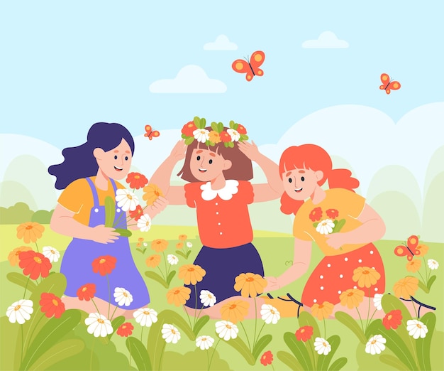 Cute cartoon girls picking flowers on lawn or meadow