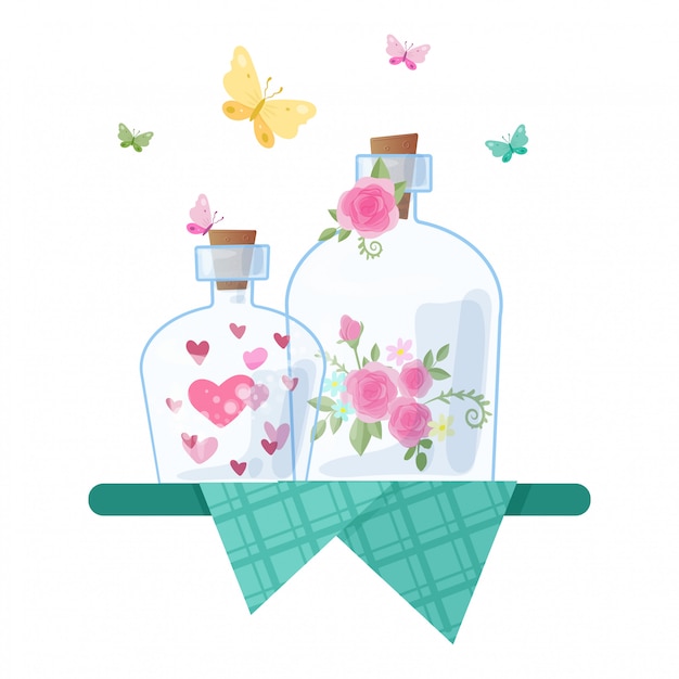 Vector cute cartoon glass jars and caps with hearts and roses for valentine's day.  illustration