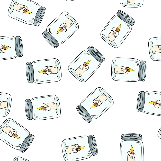 Cute cartoon glass mason jars with candles doodles seamless border pattern Vector repeatable background texture tile Cozy template of stock illustration for wrapping design wallpaper