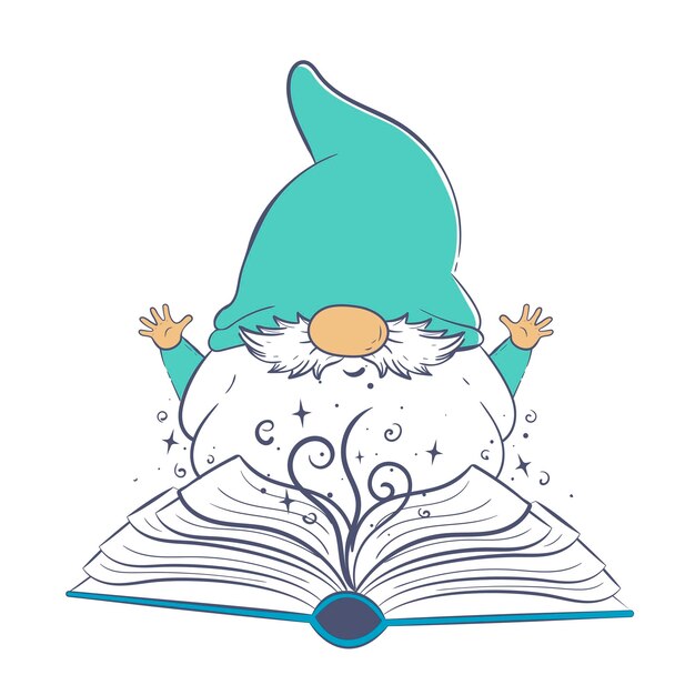 Vector cute cartoon gnome is reading a magic book