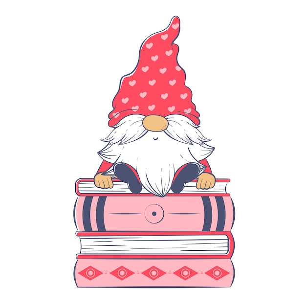 Cute cartoon gnome on a stack of huge books