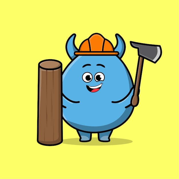 Cute cartoon goblin monster as carpenter character with ax and wood in 3d modern style design