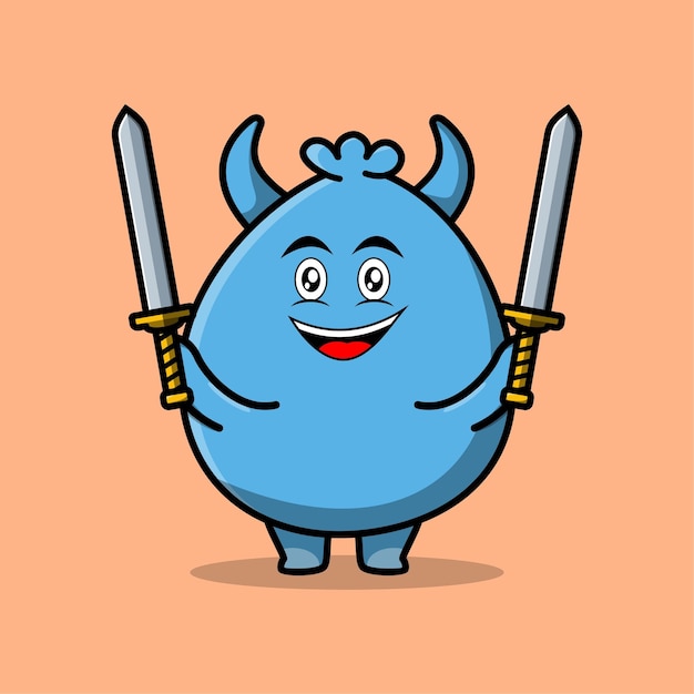 Cute cartoon Goblin monster character holding two sword in 3d modern design