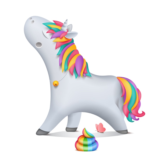 Vettore simpatico cartone animato che va personaggio di unicorno con campana. cacca arcobaleno
