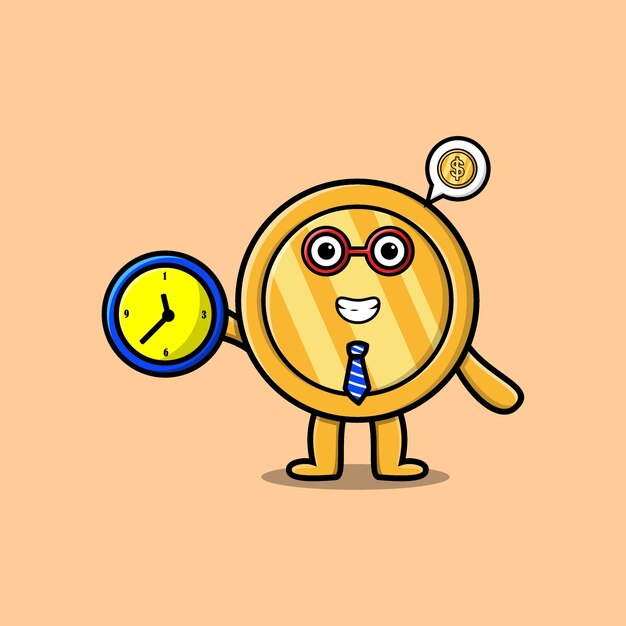 Cute cartoon gold coin character holding clock with happy expression in concept 3d cartoon style