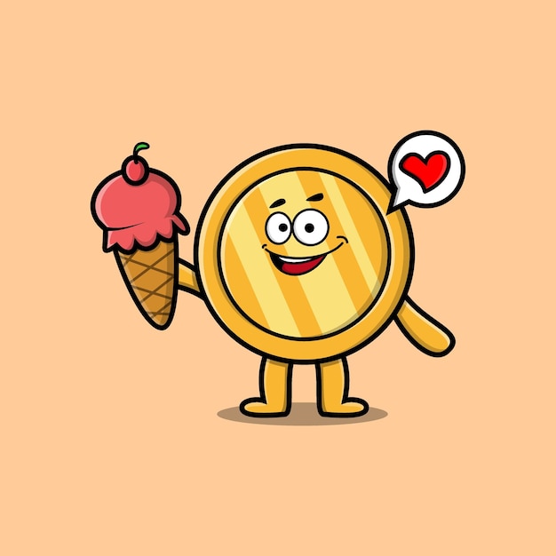 Vector cute cartoon gold coin character holding ice cream cone