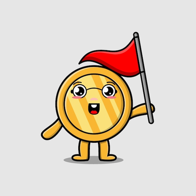 Cute cartoon Gold coin character holding triangle flag in 3d modern design for tshirt sticker