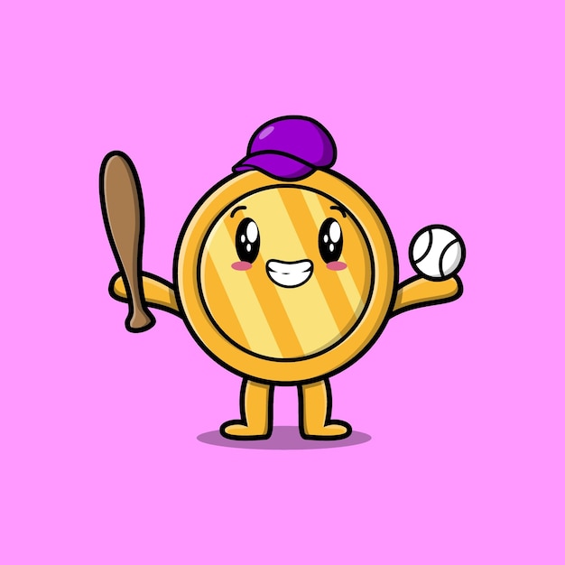 Симпатичный мультяшный персонаж с золотой монетой, играющий в бейсбол в современном стиле