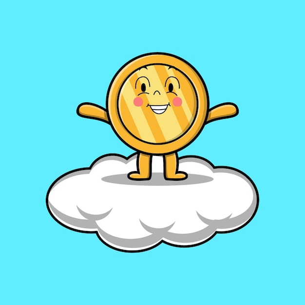 Милый мультяшный персонаж золотой монеты, стоящий в облачной векторной иллюстрации в концептуальном 3d мультяшном стиле