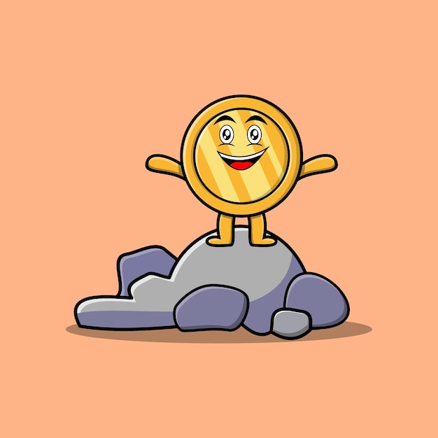 Cute cartoon Gold coin character standing in stone vector illustration in concept flat cartoon style