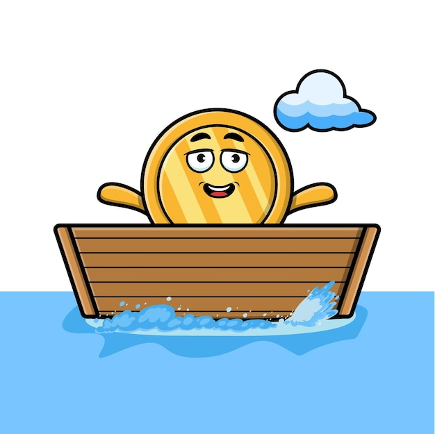 Simpatico cartone animato moneta d'oro salire in barca nell'illustrazione del carattere vettoriale