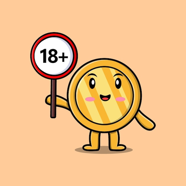 cute cartoon gold coin holding 18 plus sign board in vector character illustration