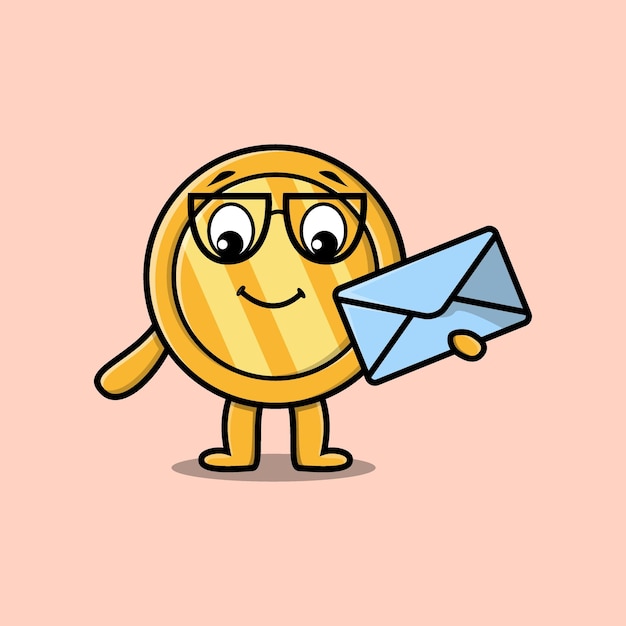 Cute cartoon gold coin holding envelope with cartoon vector illustration style