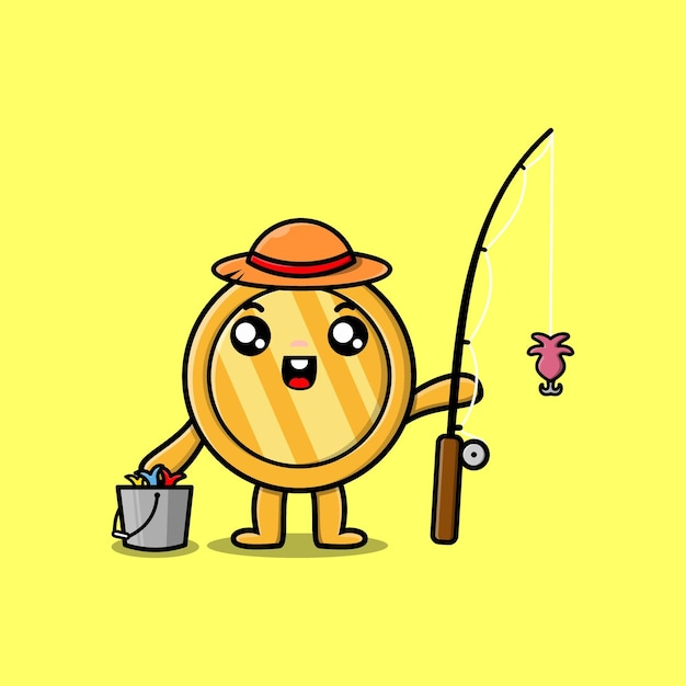 Vector cute cartoon gold coin ready fishing