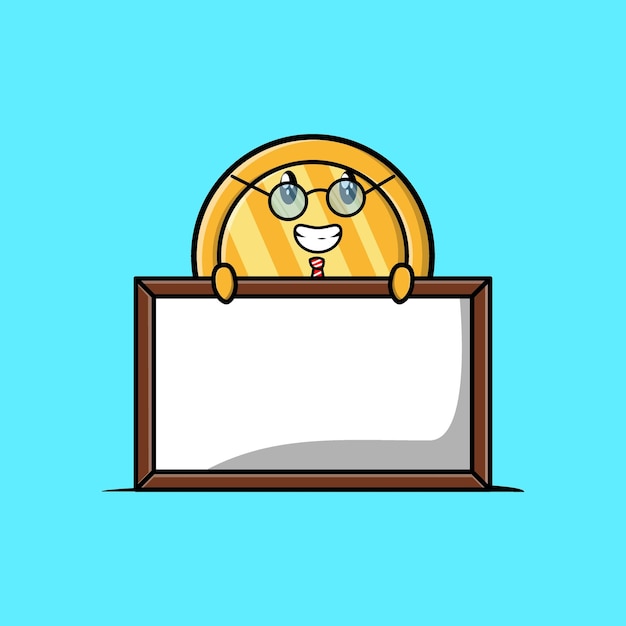 Cute cartoon gold coin teacher with big whiteboard