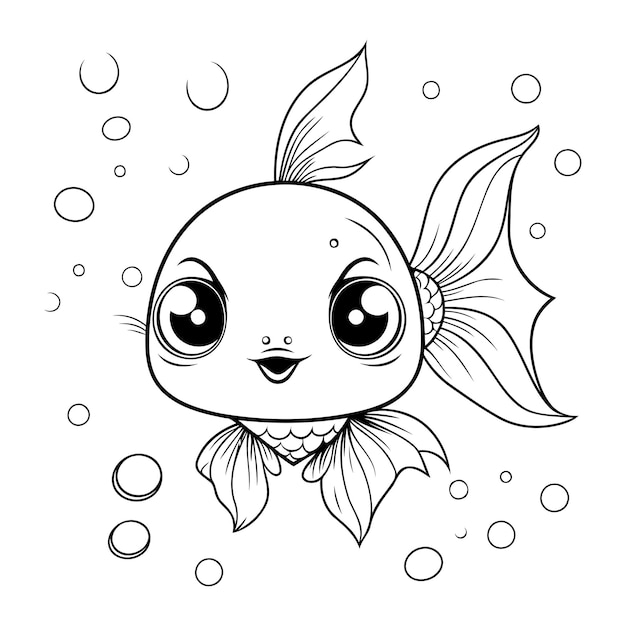 Cute cartoon goldfish Black and white vector illustration for coloring book