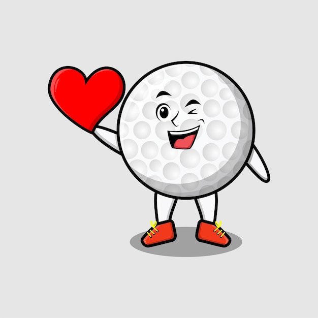 Cute cartoon golf ball character holding big red heart in modern style design