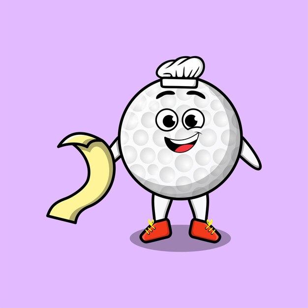 Cute cartoon golf ball chef character with menu in hand