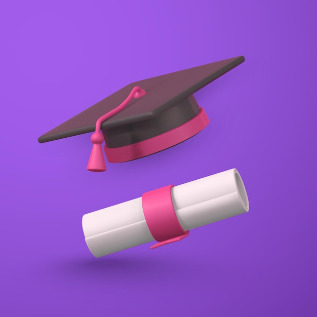 Cappello e diploma di laurea in cartone animato carino concetto di cerimonia di laurea in istruzione illustrazione vettoriale