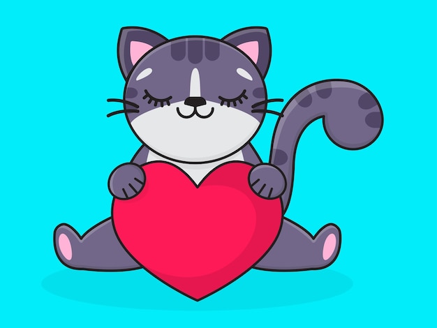 A cute cartoon gray cat holds a pink heart in its paws Gray cat on a blue background Vector